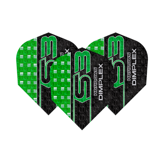 Harrows Dimplex S3 Flights - Groen Das Bild zeigt drei grüne und schwarze Dart-Flights des Modells "Harrows Dimplex S3". Auf den Flights steht der Text "Harrows Dimplex S3" in grüner und weißer Schrift.