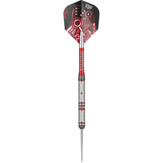 DW Piranha Razor 01 stalen darts Das Bild zeigt den Steeldart "DW Piranha Razor 01". Der Dart hat ein silbernes Griffstück mit roten Akzenten und eine Flight mit mechanischem Design.
