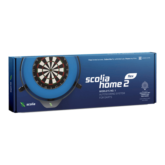 Scolia Home 2 FLEX - Elektronisch autoscoringsysteem 2026 Das Bild zeigt die Verpackung des Produkts "Scolia Home 2 FLEX – Elektronisches Punktesystem". Es ist ein automatisches Auswertungssystem für Darts.