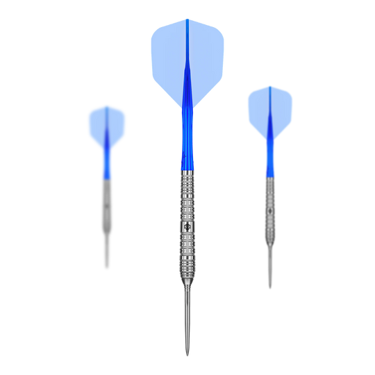 Caliburn Rix EZ-EVO R4 stalen dartpijlen Das Foto zeigt die Caliburn Rix EZ-EVO R4 Steeldarts als Set. Der Fokus liegt auf dem Aussehen und der Anordnung der Darts.