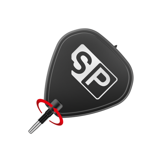Target Swiss Point Black dartpunten Das Bild zeigt eine schwarze Dartspitze mit der weißen Aufschrift "SP". Im unteren Bereich ist ein rotes Element zu sehen, das die Spitze hervorhebt.