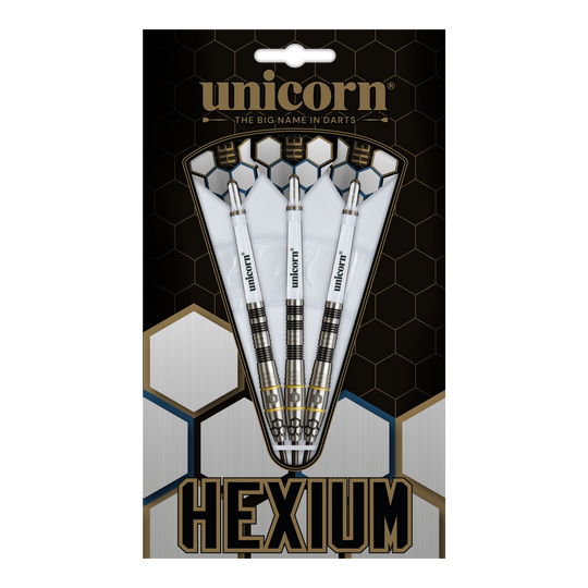 Unicorn Hexium Style 01 Zwart & Goud Steeldarts Unicorn Hexium Style 01 Black & Gold Steeldarts sind auf diesem Bild abgebildet. Die Abbildung zeigt die schwarzen und goldenen Steeldarts in Nahaufnahme.