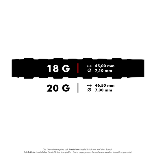 Unicorn Ballista Style 1 zachte darts Das Bild zeigt die technischen Daten von Darts mit 18 g und 20 g Gewicht. Die Maße für 18 g sind 45,00 mm Länge und 7,10 mm Durchmesser, für 20 g sind es 46,50 mm Länge und 7,30 mm Durchmesser.