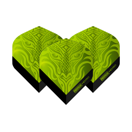 Pentatlon HD150 Metallic Green Standaardvluchten Das Bild zeigt drei grüne Dart-Flights mit einem metallic Muster. Auf den Flights steht "Pentathlon HD150" geschrieben.