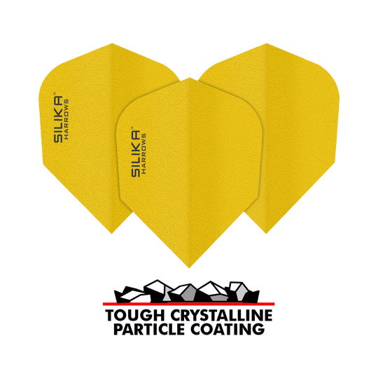 Das Bild zeigt drei gelbe Dart-Flights der Marke Harrows Silika mit robuster, kristalliner Beschichtung. Unter den Flights steht der Text „TOUGH CRYSTALLINE PARTICLE COATING“.