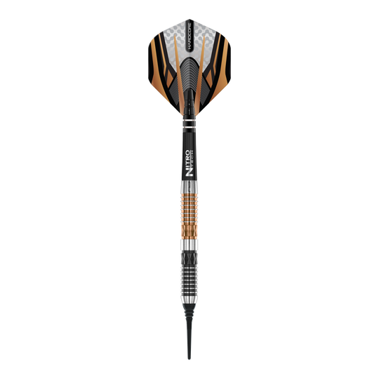 Red Dragon Panterra zachte dartpijlen - 20g Das Bild zeigt einen Red Dragon Panterra Softdart mit einem Gewicht von 20g. Der Dart hat ein markantes Design mit schwarzen, goldenen und silbernen Elementen.