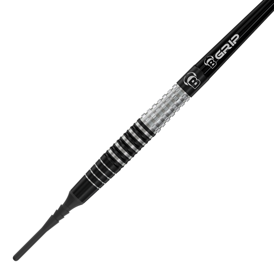 Das Bild zeigt den Softdart "Bulls Martin Schindler Original Generation 3". Der Dartpfeil hat ein stilvolles Design mit schwarzen und silbernen Rillen am Griff.