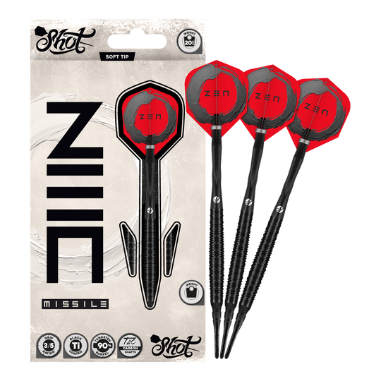 Shot ZEN Missile Soft Darts - 20g Auf dem Bild ist der vollständige Satz der Shot ZEN Missile Softdarts - 20g zu sehen. Diese Pfeile sind für anspruchsvolle Dartspieler konzipiert.