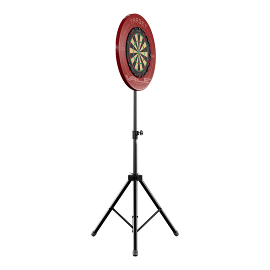 Target Dartbordstandaard Das Bild zeigt einen Dartboard-Ständer mit einer runden Dartscheibe und rotem Auffangring. Der Ständer hat drei stabile Beine und ist höhenverstellbar.