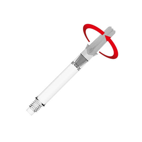 Das Bild zeigt einen durchsichtigen L-Style L-Shafts Silent Straight Schaft für Dartpfeile. Ein roter Pfeil deutet auf die drehbare Funktion des Schafts hin.