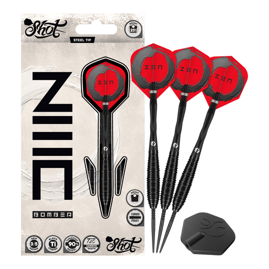 Schiet met ZEN Bomber Turbo Point stalen dartpijlen Auf dem Foto ist das Set Shot ZEN Bomber Turbo Point Steeldarts vollständig abgebildet. Dieses Set enthält alle notwendigen Darts für das Spiel.