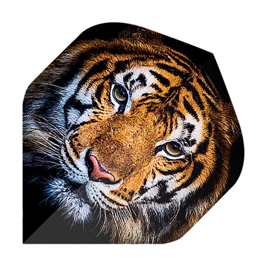 Pentatlon Vluchten Tiger Das Bild zeigt einen Dartflug mit dem Motiv eines realistisch gezeichneten Tigerkopfes. Es handelt sich um das Produkt "Pentathlon Tiger No2 Standard Flights".