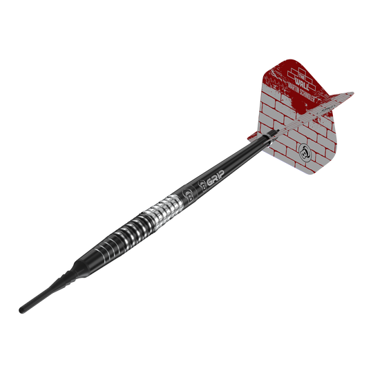 Bulls Martin Schindler Original Generation 3 zachte darts Das Bild zeigt einen Softdart aus der Serie "Bulls Martin Schindler Original Generation 3". Der Dart hat ein schwarzes und silbernes Barrel sowie eine rot-weiße Flight mit Mauerstein-Design.