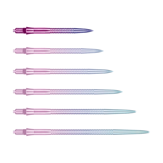 Caliburn EZ-EVO dartpunten - Gegroefd - Regenboog Das Bild zeigt eine einzelne EVO205 Caliburn EZ-EVO Dartspitze Grooved Rainbow 28mm. Die Spitze hat eine auffällige Regenbogenfarbe und eine gerillte Oberfläche.