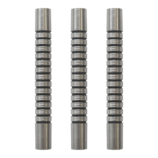 McDart Softdart Barrels met zwarte ring - 18 g Dieses Bild zeigt ein Set von McDart Black Ring Softdart Barrels - 18g. Mehrere schwarze Dart-Barrels sind nebeneinander angeordnet.