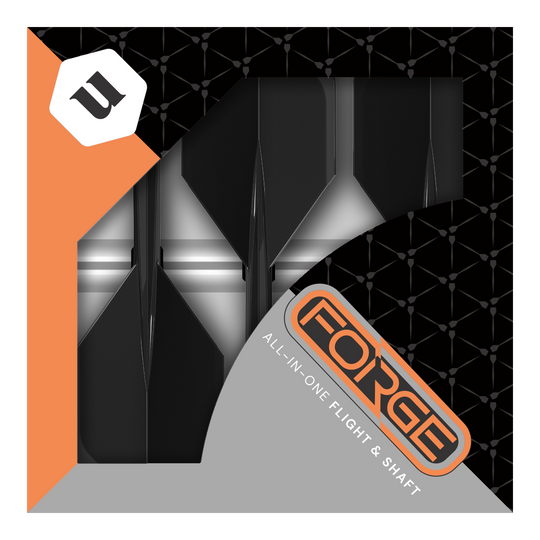 Unicorn Forge All In One Plus No2 Standaard Vluchten Zwart - Medium Das Bild zeigt die Verpackung der „Unicorn Forge All In One Plus No2 Standard Flights Schwarz - Medium“. In der Packung sind schwarze Dart-Flights und -Shafts zusammen als Set zu sehen.