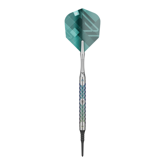 Target Rove 10 zachte darts Das Bild zeigt einen einzelnen Softdart der Marke Target Rove 10. Der Dart hat ein silbernes Griffstück mit farbigen Akzenten und grüne Flights.