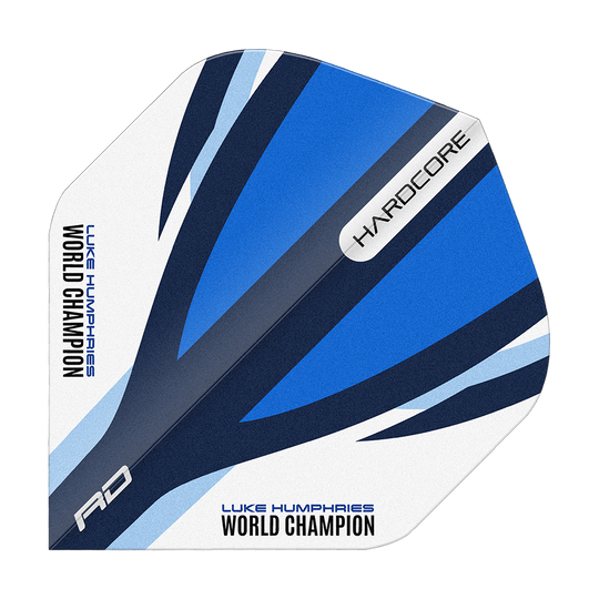 Rode Draak Hardcore Luke Humphries Blauw Wit Standaard Vluchten Das Bild zeigt einen Dart-Flight in den Farben Blau, Weiß und Schwarz mit dem Aufdruck "LUKE HUMPHRIES WORLD CHAMPION". Auf dem Flight stehen außerdem die Wörter "HARDCORE" und "RD".
