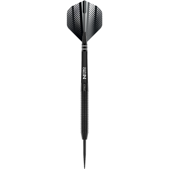 Das Bild zeigt einen schwarzen Steeldart mit dem Namen "Red Dragon Razor Edge". Der Dart hat ein modernes Design mit geriffeltem Griff und schwarzer Spitze.