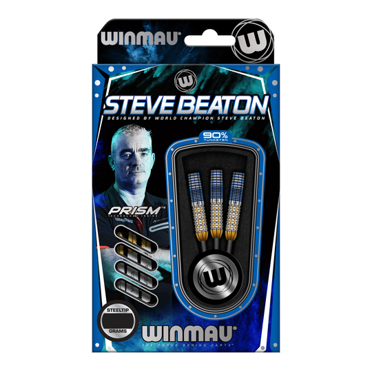 Auf dem Bild ist eine Verpackung der "Winmau Steve Beaton Legend Series Steeldarts" zu sehen. Die Verpackung zeigt drei Steeldarts und ein Bild von Steve Beaton.