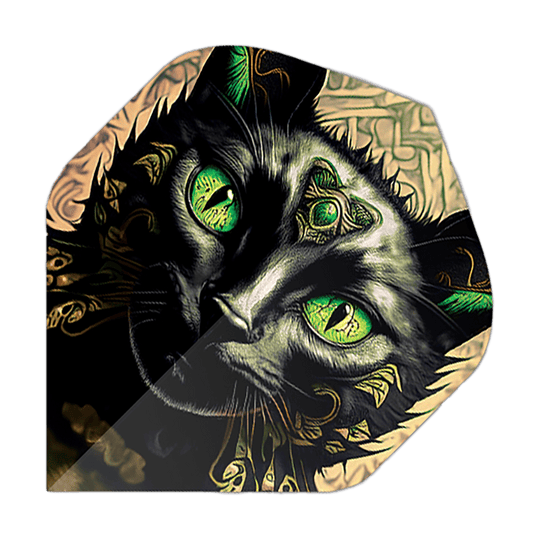 Pentathlon Vluchten Cat Das Bild zeigt ein Dartflight mit dem Motiv eines schwarzen Katers mit leuchtend grünen Augen. Die Details und Ornamente auf dem Katzenkopf geben dem Flight ein auffälliges, künstlerisches Design.
