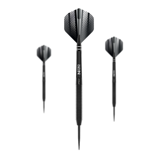 Red Dragon Razor Edge Zwarte Steeldarts Das Bild zeigt drei Red Dragon Razor Edge Black Steeldarts. Die Darts sind schwarz und haben ein modernes, punktiertes Design auf den Flights.