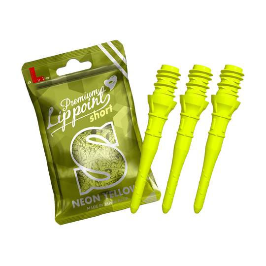 Auf dem Bild ist eine Packung mit "Premium Lipppoint short" in Neon-Gelb zu sehen. Daneben sind drei leuchtend gelbe Dartspitzen abgebildet.