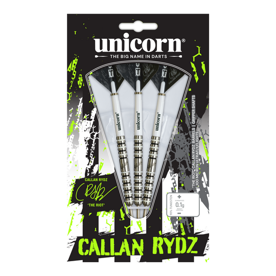 Das Bild zeigt einen Steeldart aus der Callan Rydz The Riot Phase2 Serie. Es handelt sich um einen hochwertigen Dartpfeil für ambitionierte Spieler.