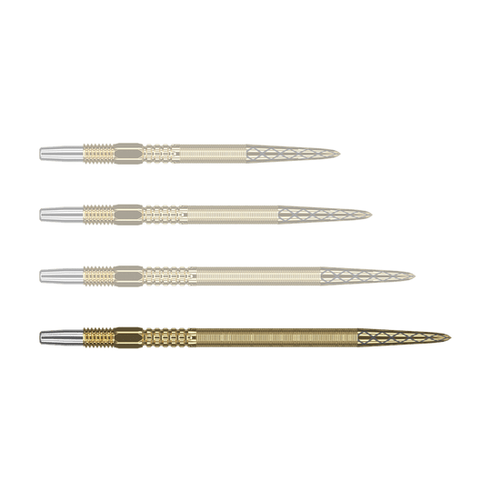 Target Swiss Point DX darttips - goud Auf dem Bild sind vier goldfarbene Dartspitzen mit silbernem Ansatz zu sehen. Die Spitzen haben ein feines, rautenförmiges Muster am vorderen Ende.