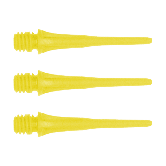 Das Bild zeigt drei gelbe Dartspitzen mit Gewinde. Es handelt sich um das Produkt "Cosmo Fit Point Plus 2BA Spitzen 25mm (50er Pack)".