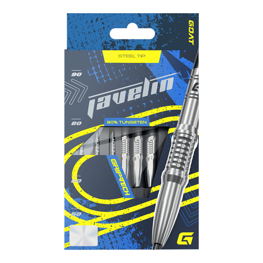 GOAT Javelin stalen dartpijlen Gezeigt wird das GOAT Javelin Tungsten Steeldarts Set. Die Steeldarts sind für hohe Leistung konzipiert.