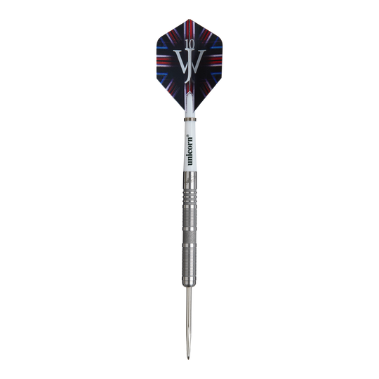 Unicorn James Wade The Machine Range Fase 4 Steeldarts Das Bild zeigt einen Steeldartpfeil aus der Produktreihe „Unicorn James Wade The Machine Range Phase 4“. Der Dartpfeil hat eine silberne Spitze und einen Flight mit buntem Design und den Buchstaben „JW“.