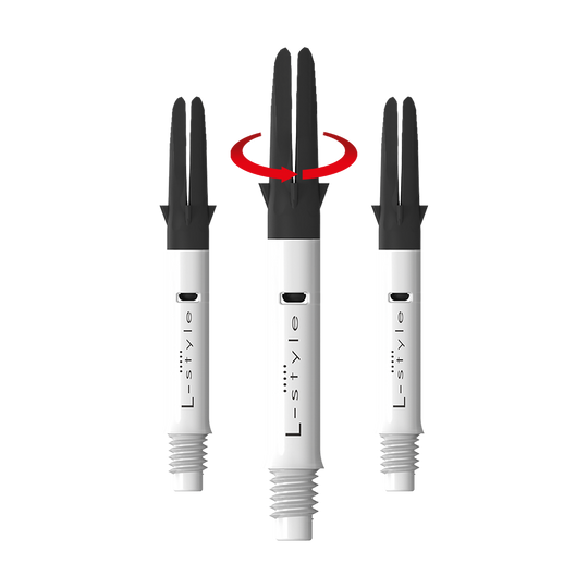L-L-Style-Shaft Carbon Silent Straight - Wit Auf dem Bild sind drei weiße L-Style Dartschäfte mit schwarzem oberen Teil zu sehen. In der Mitte zeigt ein roter Pfeil, dass sich der obere Teil des Schafts drehen kann.