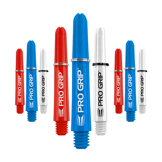 Das Bild zeigt neun Dartschäfte in den Farben Rot, Blau und Weiß mit der Aufschrift "Pro Grip". Sie sind in drei Sets angeordnet und in verschiedenen Größen abgebildet.