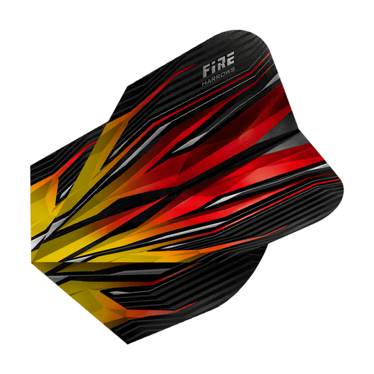 HR3_Harrows_Fire_Two-Tone_Standard_Flights_2 Das Bild zeigt das Produkt 'Harrows Fire Two-Tone Standard Flights'. Das Design ist in leuchtenden Rot-, Gelb- und Schwarztönen gehalten und wirkt wie lodernde Flammen.