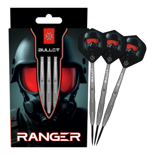 Bullet Ranger stalen darts Auf dem Bild ist das vollständige Set der Bullet Ranger Steeldarts zu sehen. Die Steeldarts werden für Präzisionswürfe verwendet.