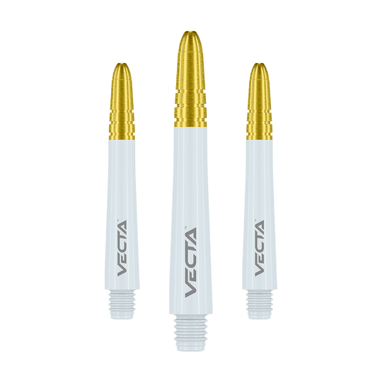 Winmau Vecta Shafts - Weiß Gold Das Bild zeigt drei Dartschäfte mit goldfarbenem Kopf und weißem Körper. Auf jedem Schaft steht das Wort "VECTA" in grauer Schrift.