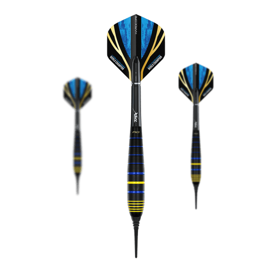 Red Dragon Luke Humphries Wereldkampioen Messing Softdarts - 20g Das Bild zeigt drei Softdarts des Modells "Red Dragon Luke Humphries World Champion Brass Softdarts - 20g". Die Darts haben schwarze, blaue und gelbe Farbakzente sowie Flights mit blauen und goldenen Details.