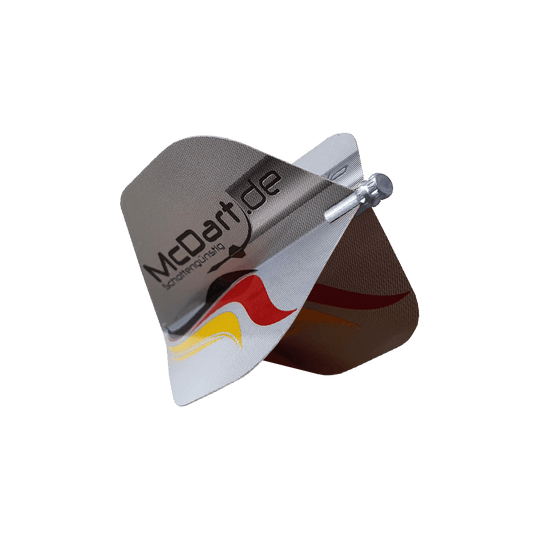 610_Alu_Flightschoner_Silber_2 Das Bild zeigt einen Alu Flightschoner, der an Dart-Flights befestigt ist. Er schützt die Flights vor Beschädigungen und sorgt für eine längere Lebensdauer.