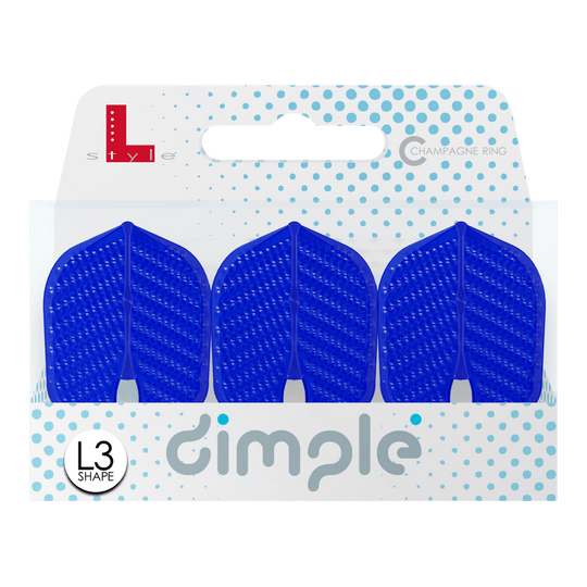Das Bild zeigt eine Verpackung mit drei blauen L-Style Flights Dimple in L3PRO Form. Auf der Verpackung steht „dimple“ und es ist das L3 Shape Symbol abgebildet.