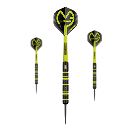Winmau Michael Van Gerwen MvG Ambition stalen dartpijlen Das Bild zeigt drei Winmau Michael Van Gerwen MvG Ambition Steeldarts. Die Darts sind schwarz und neongelb mit dem MvG-Logo auf den Flights.