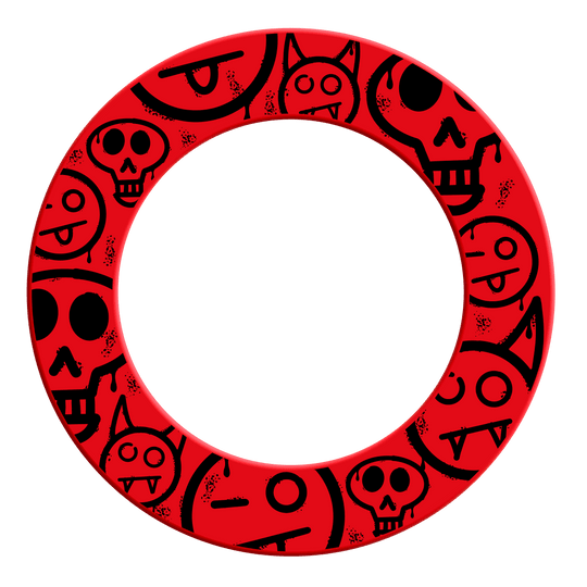 McDart Graffiti Emoji's Dartbord Surround Ein Bild mit dem Dateinamen MSF-A5_McDart_Graffiti_Smilies_Dartboard_Surround_Rot_2. Es zeigt vermutlich einen roten Dartboard-Surround mit Graffiti-Smilies.
