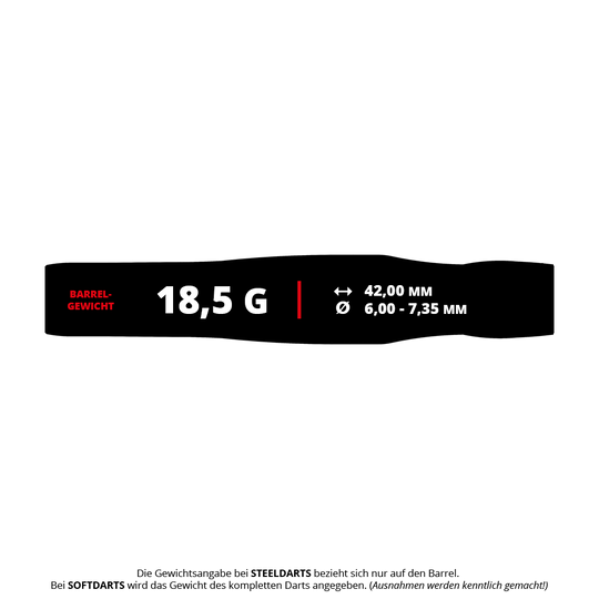 Target Japan Crux Brave Soft Darts - 18,5 g Das Bild zeigt die Produktdaten der "Target Japan Crux Brave Softdarts - 18,5g". Es werden das Barrelgewicht von 18,5 g, die Länge von 42,00 mm und der Durchmesser von 6,00 - 7,35 mm angezeigt.