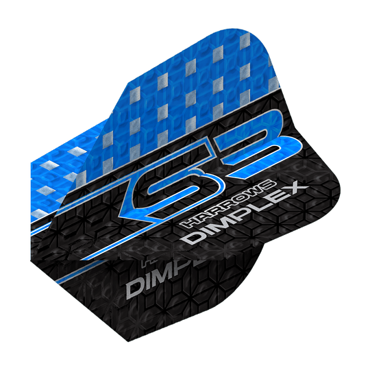 Harrows Dimplex S3 Flights - Blauw Das Bild zeigt ein Harrows Dimplex S3 Flight in Blau. Das Flight hat ein blau-schwarzes Design mit silbernen Akzenten und der Aufschrift "S3 Harrows Dimplex".