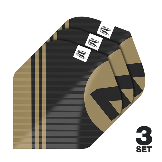 Target Pro Ultra Chicane Zwart No2 Standaard vluchten - 3 sets Das Bild zeigt drei Sätze von Target Pro Ultra Chicane Black No2 Standard Flights. Die Flights sind schwarz-gold gestreift und besitzen ein modernes Design mit einem weißen Logo.