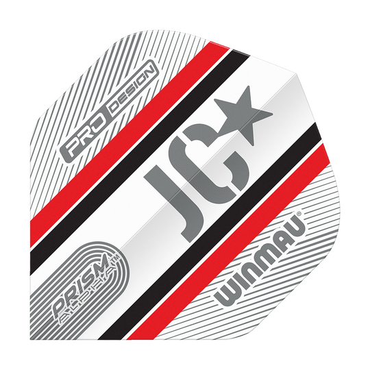 Winmau Alpha Joe Cullen Cullen 85 Standaardvluchten Das Bild zeigt ein Winmau Alpha Joe Cullen 85 Standard Flight für Dartpfeile. Das Flight ist weiß mit roten, schwarzen und grauen Streifen sowie den Aufdrucken "JC", "PRO DESIGN" und "WINMAU".