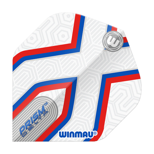 Das Bild zeigt ein Winmau Prism Delta Epix No2 Standard Flights Dartflugblatt. Es ist weiß mit roten und blauen Linien und dezentem geometrischem Muster gestaltet.