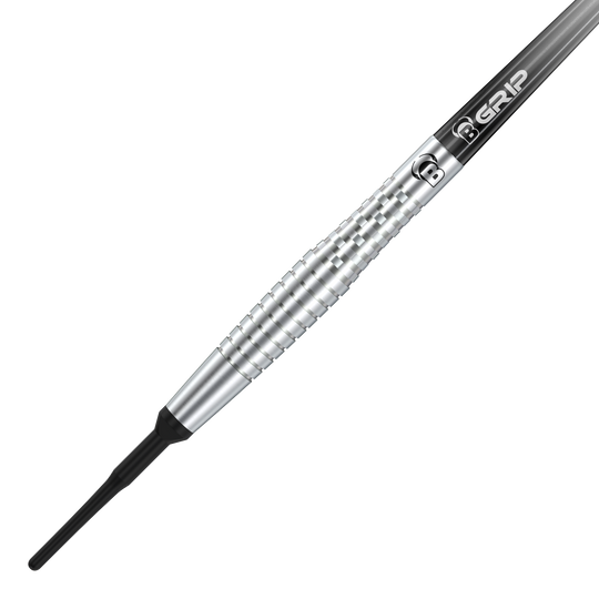 Dieses Bild zeigt den Bulls Martin Schindler Original Generation 2 Softdart. Der Dartpfeil hat ein silbernes, geriffeltes Barrel und eine schwarze Spitze.