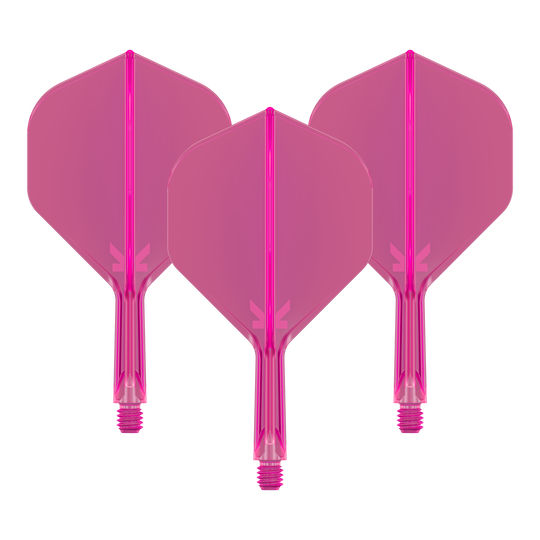Target K-Flex No2 Standaard Vluchtsysteem - Neon Roze Das Bild zeigt drei pinkfarbene Dart-Flights mit Schäften. Sie sind nebeneinander angeordnet und haben eine neonpinke Farbe.
