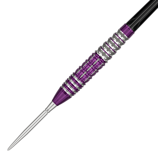 Das Bild zeigt einen Target Japan Prime Series Tung Suk Zenith GEN1 Swiss Point Steeldart mit 23g Gewicht. Der Dart hat ein auffälliges Design mit silbernen und lila Elementen am Griff.